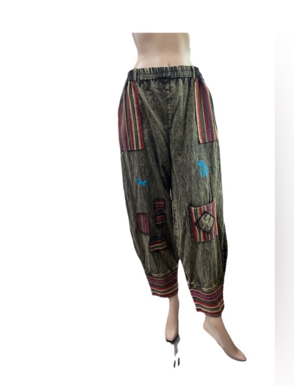 Dragon fly Olive Wide-Leg Patchwork Harem Pants with Striped Accents